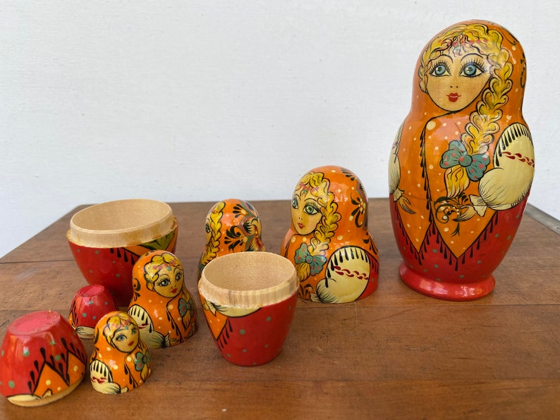 Vintage Russian Nesting Dolls, Matryoshka Wooden Russian Dolls, Hand painted, Bone With Braid image 6