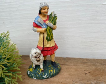 Vintage Country Girl With Lamb, Italian Chalkware Figurine, Chippy Farm Girl, Farmhouse Decor, Miniature, Small Figure By Lucca