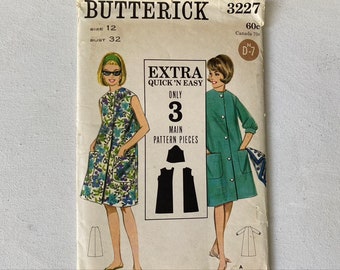 60's Vintage Butterick 3227,  Quick And Easy, Beachdress /Cover Up, Muu Muu, Large Pockets, Size 12 Bust 32, UNCUT, Duster Sewing Pattern