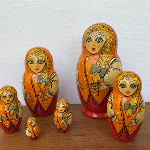 Vintage Russian Nesting Dolls, Matryoshka Wooden Russian Dolls, Hand painted, Bone With Braid image 1