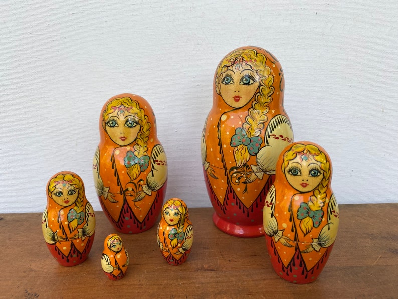 Vintage Russian Nesting Dolls, Matryoshka Wooden Russian Dolls, Hand painted, Bone With Braid image 1