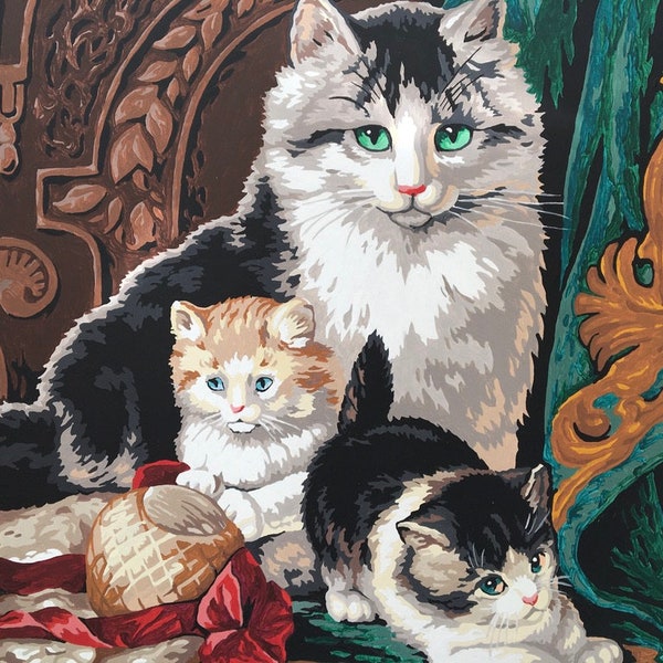 Vintage Cat Paint By Numbers, Mom Cat And 2 Kittens, Signed By Artist 2000, Frame NOT INCLUDED, Cat Lovers PBN