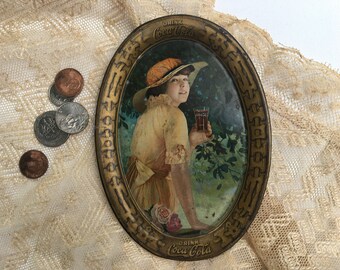 Antique Coke Tip Tray, Coca- Cola Small Tin Tray, Summer Scene, Girl with Hat, Roses, Passaic New Jersey, Passaic Metal Ware