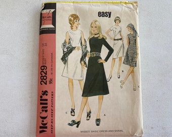 70's Vintage McCall's 2829, Easy Basic Dress And Shawl, Size 14, Bust 36, UNCUT