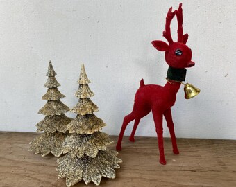 MCM Red Flocked Deer With Gold Bell,  Small Christmas Deer, Black Sequin Eyes, Dark Green Collar, Buck