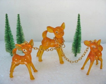 Kitsch Deer Family Mom Deer Reindeer With 2 Babies Cake Topper Chained Together Amber Plastic Fawn Novelty Trio Of Deer