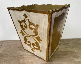 Mid Century Florentine Wood Waste Basket, Gold And Off. White, Square Wood, Bedroom, Bathroom, Trash Can