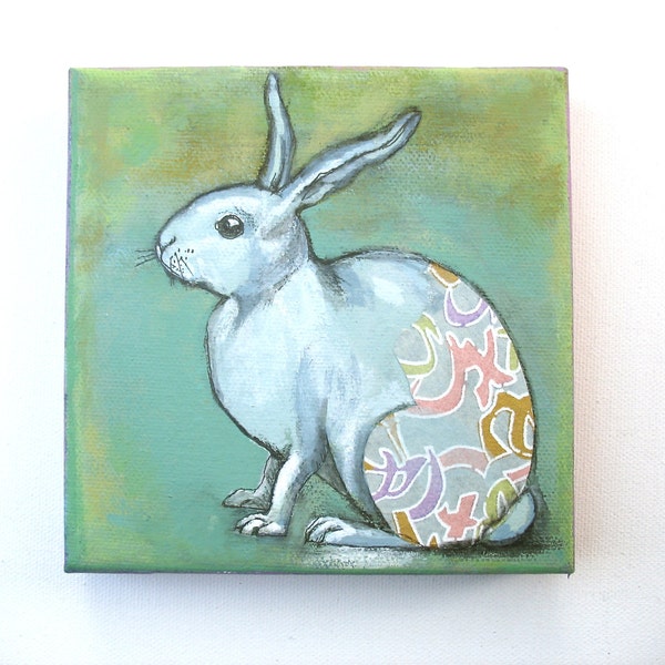 Rabbit Art-Minty Rabbit-Asian Rabbit-Mixed Media original, Easter bunny, gifts for her, 5"x5", bunny painting