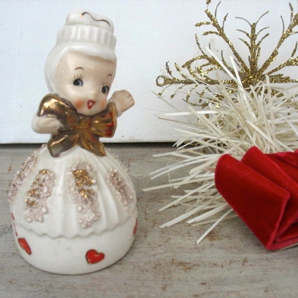 Vintage Lefton Valentine's Girl Bell Figurine Red Heart Dress With Gold Bow Valentine Decor Kitsch Sweetheart Lady Porcelain Figure