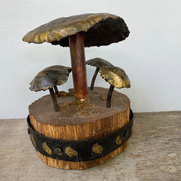 Vintage Metal Mushroom Sculpture, Marked Wunder Metal Art, Wood Base, Hand Made, Mushroom Lovers