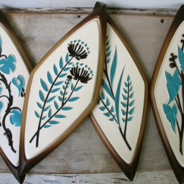 Vintage Syroco Mid Century Modern Plaques Wall Decor Set Of 4 Plants Botanical Tiki Diamond Shaped Never Used Housewarming Gift