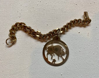 Mid Century Taurus Charm Bracelet, Chunky Gold Tone Bracelet, Taurus The Bull, Zodiac Astrological Signs
