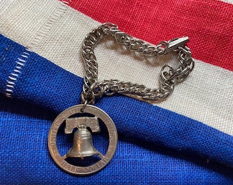 Pulsera de plata de 1976 con diseño de la Campana de la Libertad en tono medio dólar, celebración del bicentenario, joyería del 4 de julio, Día de la Independencia, bisutería.