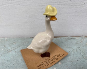 Vintage Hagen-Renaker Goose With Yellow Hat, White Goose Figurine, San Dimas, California,  With Original Card