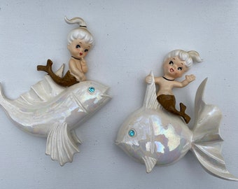 Kitschy Mermaids Riding Fish Wall Plaques/ Figurines, Norcrest P697, Pony Tails, MCM Bath Decor, Vintage Wall Hangings, Set Of Two
