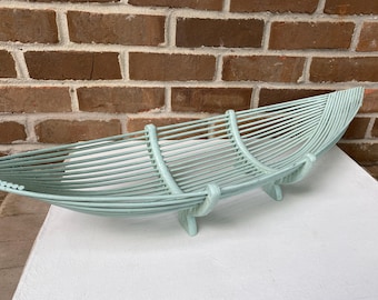 Cesta vintage de bambú con forma de barca, centro de mesa grande, cesta de caña de junco, fotografía de bebés, mesa de granja, estilo MCM, cesta de hilo