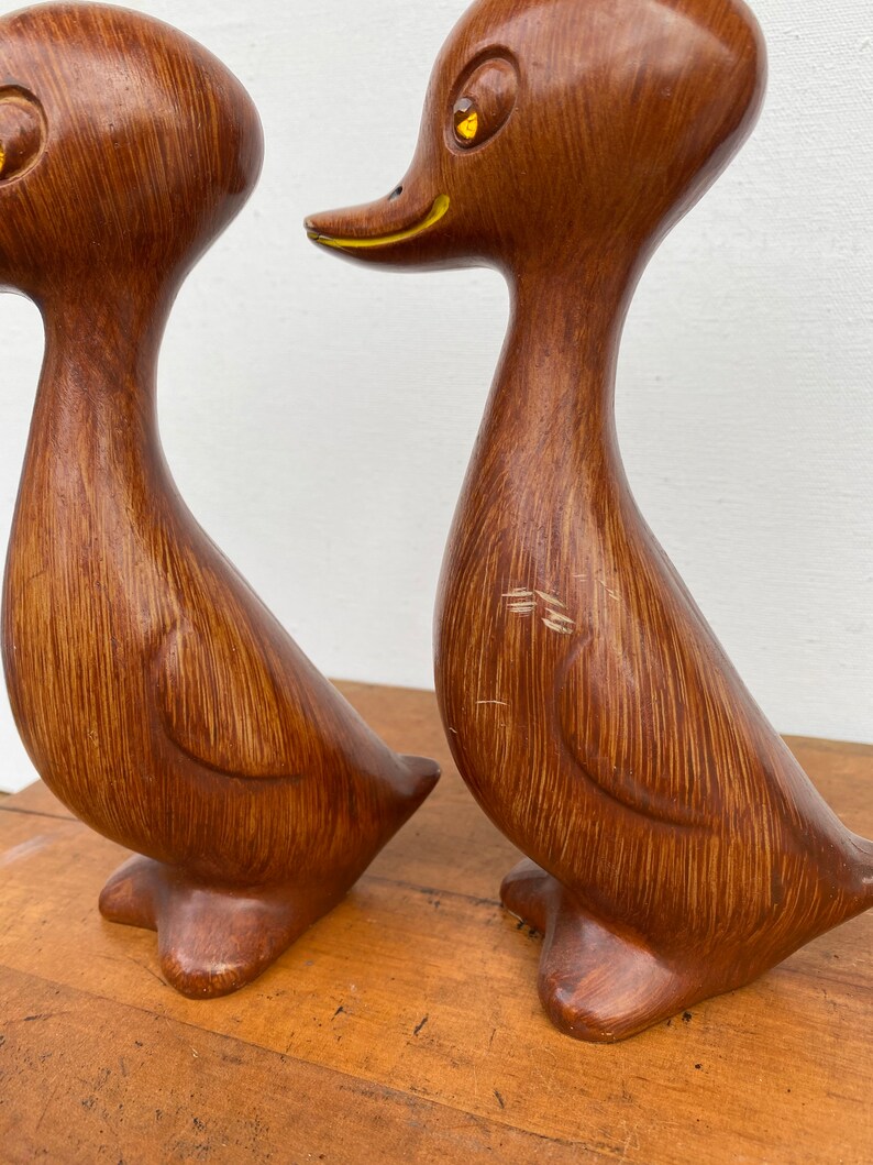 Mid Century Modern Duck Figures Faux Wood With Amber Rhinestone Eyes, Plastic Kitschy Ducks By Capri, Made in British Hong Kong, Set Of two image 9