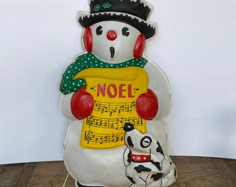 Kitschy Glolite Light Up Caroling Snowman With Dog, Catalog No 96, 15 Watt Lamp, Easel Back With Hanger, Indoor Christmas Decor, Shabby