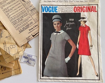 60's Vintage Vogue Paris Original 1858, Size 12, Jacques Heim, Cut Complete Pattern INCLUDES DRESS LABEL, A-Line Dress With Peter Pan Collar