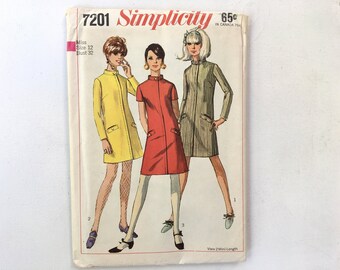 1967 Simplicity A-Line Dress Pattern 7201, Uncut Sewing Pattern, Mod Dress Size 12 Bust 32 UNCUT