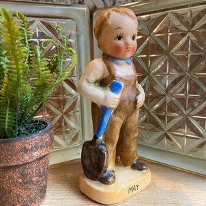 Vintage May Birthday Boy Figurine, Gardener, Garden Lover, Boy In Overalls, Boy Holding Shovel, May Birthday Figurine image 1