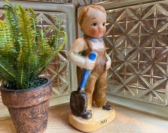 Vintage May Birthday Boy Figurine, Gardener, Garden Lover, Boy In Overalls, Boy Holding Shovel, May Birthday Figurine