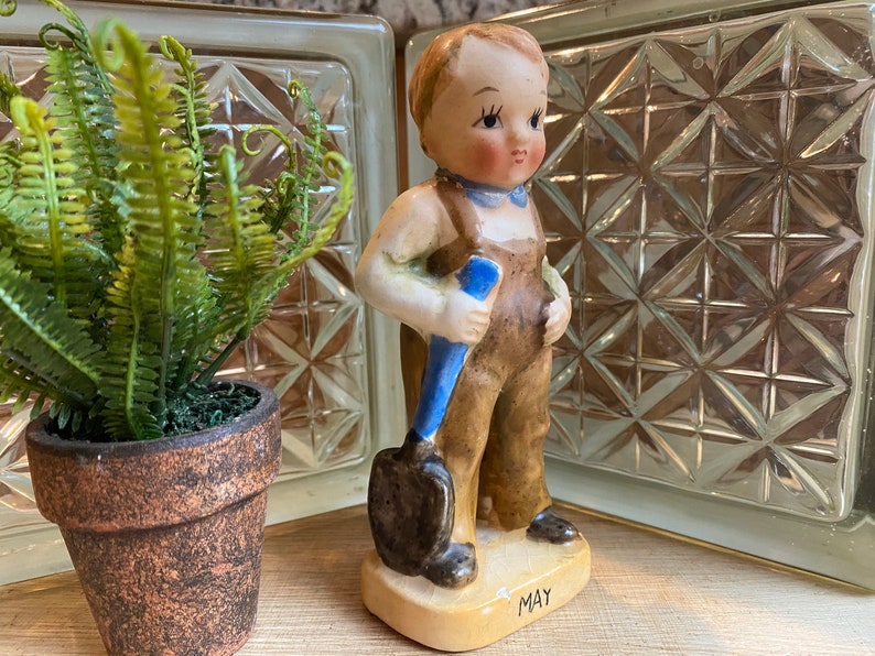 Vintage May Birthday Boy Figurine, Gardener, Garden Lover, Boy In Overalls, Boy Holding Shovel, May Birthday Figurine image 1