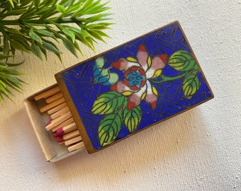 Asian Cloisonné Floral Matchbox Holder, Vintage, Blue With Red Flowers, 2 Sided, Metal Match Holder, Decorative