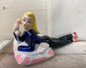 Vintage Enesco Girl On Telephone Lipstick Holder, Ring A Ding Teens, Kitschy, Mid Century Modern, MCM Make Up Table, Dresser