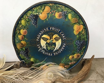 Antique Fruit Cake Tin, Paradise Fruit Cake, Large Size, Striking Blue With Fruit Border, Ward Baking Co, NY, Cake Of The Gods, Tin Box