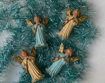 Vintage West German Angel Ornaments, Plaster Type Material, Set Of 4, Blue Angels, White Angels Figures