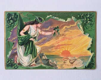 Vintage St. Patrick's Day Post Card, Erin's Isle, Sunset, Shamrocks, Irish Beauty, Tuck's Post Card