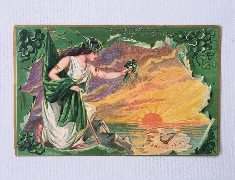 Vintage St. Patrick's Day Post Card, Erin's Isle, Sunset, Shamrocks, Irish Beauty, Tuck's Post Card image 1