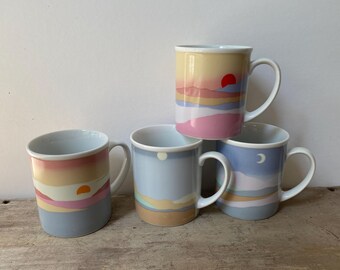 Vintage Shibata Day To Night Mugs, Pastels, Pretty Color Gradations, Mountains, Evening, Night, Morning, Day Time, Sun And Moon, Set Of 4
