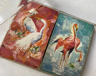 Vintage MCM Modernist Birds Playing Cards, Flamingos, Snowy Egrets, Tropical Birds, Abstract, Stardust, Plastic Coated Card Decks, No Jokers