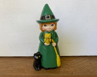 Napcoware Green Witch Figurine, Vintage Halloween Girl Witch With Black Cat Broom And Owl