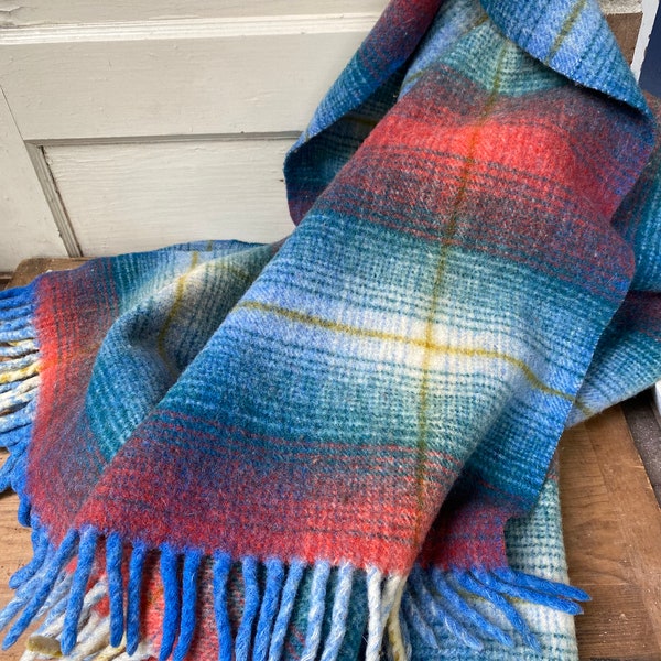 Vintage Kerry Woolen Mills Fringed Blanket, Darning Required, 3 Holes Please Read, Wool Blanket, Made In Ireland, Blue Rose Teal Plaid