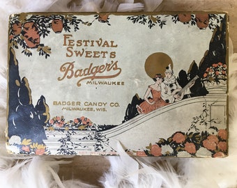 Vintage Badger's Chocolate Candy Box, Badger Candy Co, Milwaukee Wisconsin, Pierrot With Girl, Moonlight And Japanese Lanterns