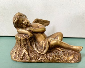 Vintage Reclined Brass Angel /Cherub, Brass Statuary, Sleeping Angel, Brass Accent