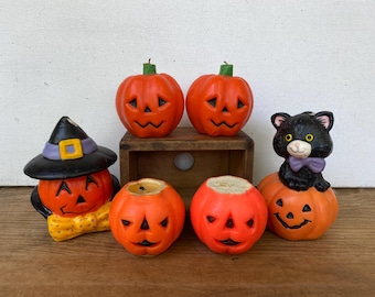 Vintage Halloween Candle Lot Of 6, 2 Gurley JOL Candles, Cat JOL Candle, JOL With Witch Hat, No Manufacturer On 4
