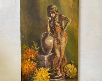 Vintage Oil Painting Of Rebecca At The Well Statue Surrounded By Yellow mums,  Woman In Gown With Urn, Signed Art By Roemer, 17"x29.75"