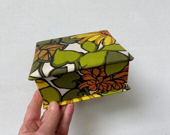 MCM Cloth Covered Box, Trinket, Jewelry, Floral Design, Small Box,  Gift Box, Yellow Orange Flowers, Greens