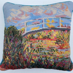 Hand Stitched Impressionism Needlepoint Pillow With Velvet Backing, Abstract Nature Design, Fence, Pastel Sky, Shrubs And Flowers Foreground image 1