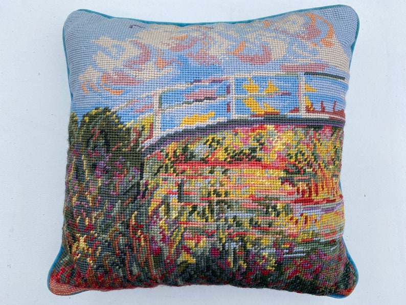 Hand Stitched Impressionism Needlepoint Pillow With Velvet Backing, Abstract Nature Design, Fence, Pastel Sky, Shrubs And Flowers Foreground image 1