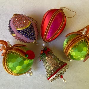 Mid Century Modern Ornaments: 5 Hand Made with Sequins, Ribbons, Pearls