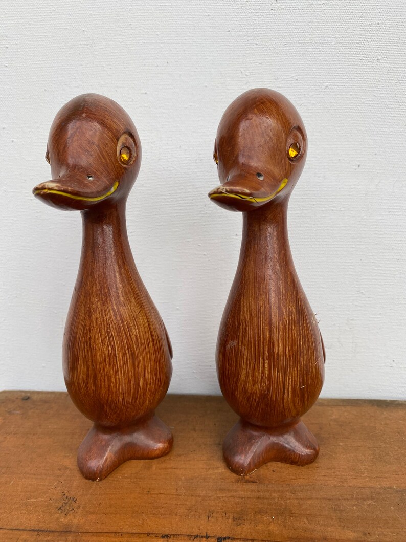 Mid Century Modern Duck Figures Faux Wood With Amber Rhinestone Eyes, Plastic Kitschy Ducks By Capri, Made in British Hong Kong, Set Of two image 4
