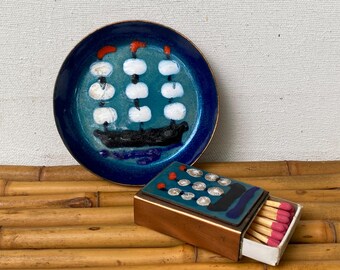 Vintage Enamel Tray And Matching Match Box Holder By Moissiadis, Made In Greece, Abstract Design, Tobacciana, Ring Dish