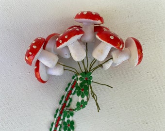 Vintage Mushroom Picks, Spun Cotton, Miniatures, Floral Arrangements, Red White Polka Dot, Set Of 10,Crafting Supplies