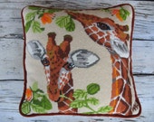HOLD FOR MB 70's giraffe needlepoint pillow, hand stitched, handmade in 1977, wild animals pillow, sofa decor