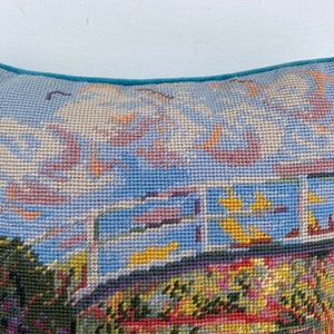 Hand Stitched Impressionism Needlepoint Pillow With Velvet Backing, Abstract Nature Design, Fence, Pastel Sky, Shrubs And Flowers Foreground image 2